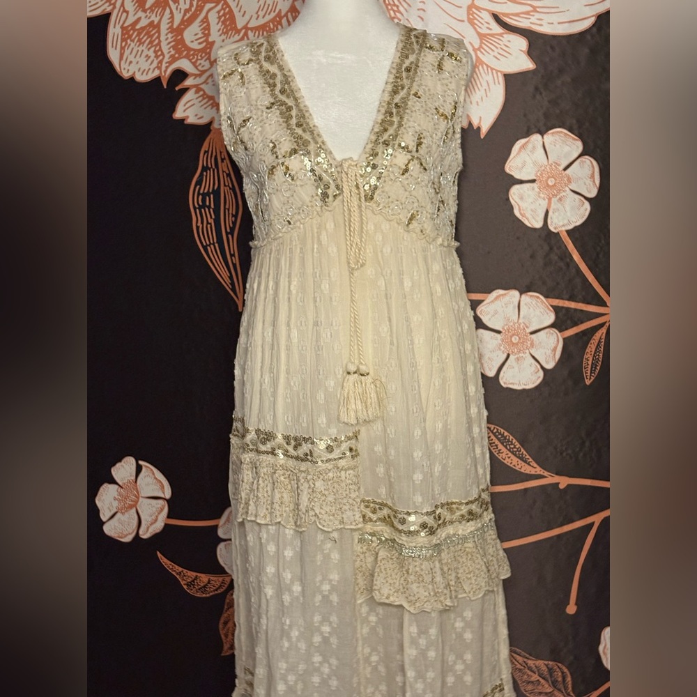 Palak Cream & Gold Boho Maxi Dress with Sequin Trim and Beading